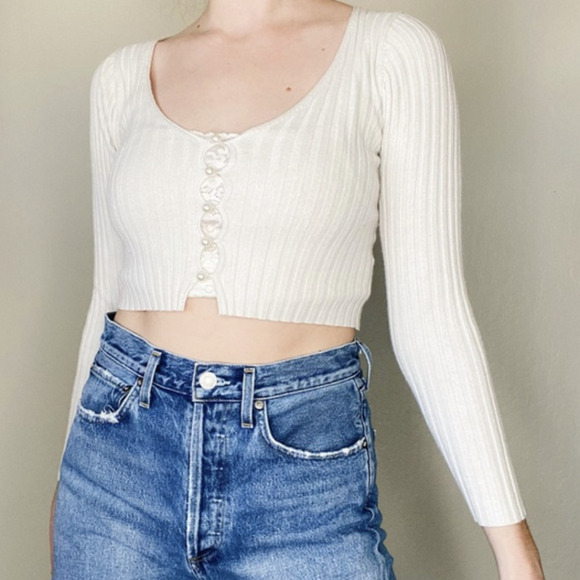 Cotton Candy Tops - Cotton Candy LA Ribbed Pearl Cardigan Top, Size L​​​​​​​​​​